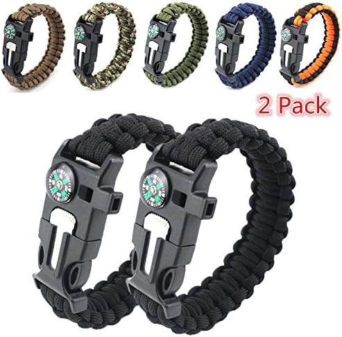 Pack of 3 Emergency Paracord Bracelets Survival Bracelet - Emergency Knife, Whistle, Compass, Camp Fire Starter, Rescue Rope 5-in1 Set (Black/Camo Green)