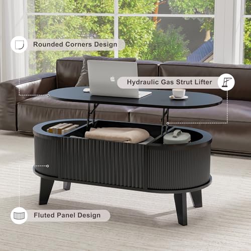 LYNCOHOME Fluted Lift Top Coffee Table with Hidden Compartment, Modern Oval Coffee Table for Living Room, Home Office (Black)