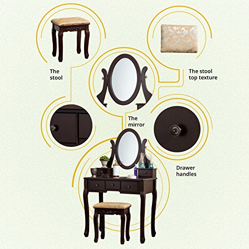 Fineboard Single Mirror Dressing Table Set Five Organization Drawers Vanity Table with Wooden Stool, Brown - Thumbnail 2