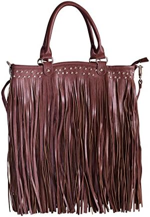 Womens Large Bucket Purse with 2 Layers of Fringe and Lined Interior, Studded Accents, Handles and Removable Adjustable Shoulder Strap (Brown)