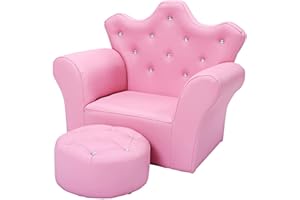 GENERIC Fireflowery Kid’s Sofa, Princess Upholstered Chair w/Ottoman, Sturdy Wood Frame & PVC Leather, Toddler Armrest Chair for Boys & Girls, Ideal for Bedroom, Living Room (Pink)