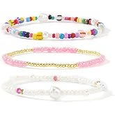 SHINUS BOHO 3PCS/Set Cute Colorful Beaded Pearl Bracelets Stack for Women,Handmade Bohemian Gold Pink Small Beads Stretch Stackable Bracelets Fashion Jewelry Gift Friendship
