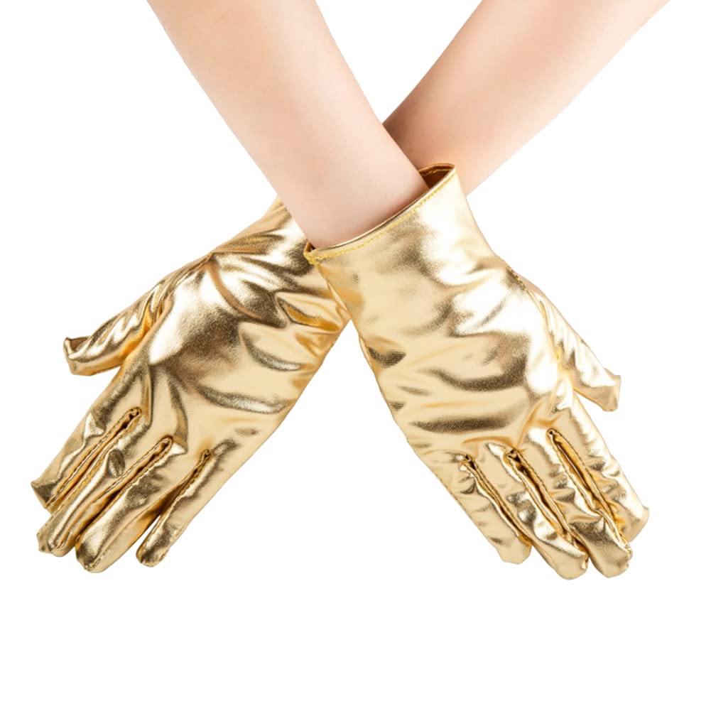 JIHUOO Patent Leather Short Gloves Wrist Cuff Dress Gloves Wet Look Gloves Fashion Finger Gloves Evening Opera Costume Party Gloves for Women Golden