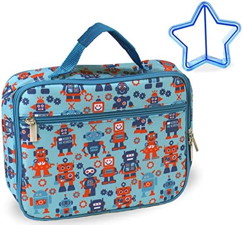 Keeli Kids Robot Lunch Box Insultated for Preschool Toddler Girls and Boys Lunchboxes for Kindergarten School Snack Lunch Boxes Bag Tote Lunchbox Kit Includes a Matching Sandwich Cutter (Blue Robots)