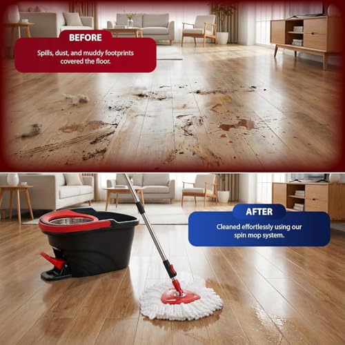 Easy Wring Spin Mop & Bucket Set with Foot Pedal – 360° Rotating Microfiber Floor Mop System with Stainless Steel Wringer, Adjustable Handle & 2 Reusable Mop Heads for Tile, Marble & Wood Floors