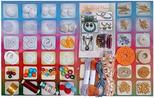 Soft Rain 41 Items Silk Thread Jewellery Making Kit With 16 Page Manual, Pearls, Beads, Stones, 23 Pair Jhumka Base, Gold Zari Thread & More