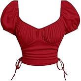 BEAUDRM Women's Ruched Crop T Shirt Puff Sleeve Drawstring Side Slim Tee Top