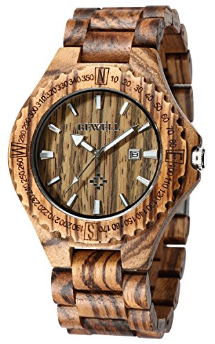 BEWELL ZS-W023A Mens Wooden Watch Zebra wood Lightweight Calendar Quartz Wrist Watch (FBA)