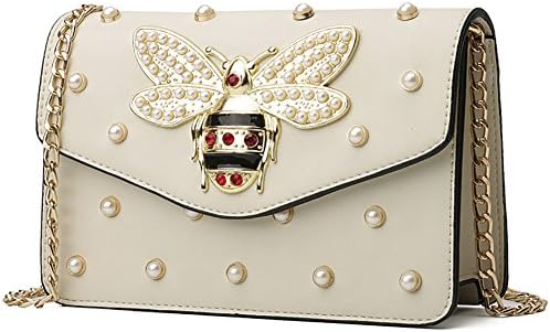 QZUnique Women's Bee Pattern Single Shoulder Bag Pearl Crossbody Handbag Alloyed Strap Handbag