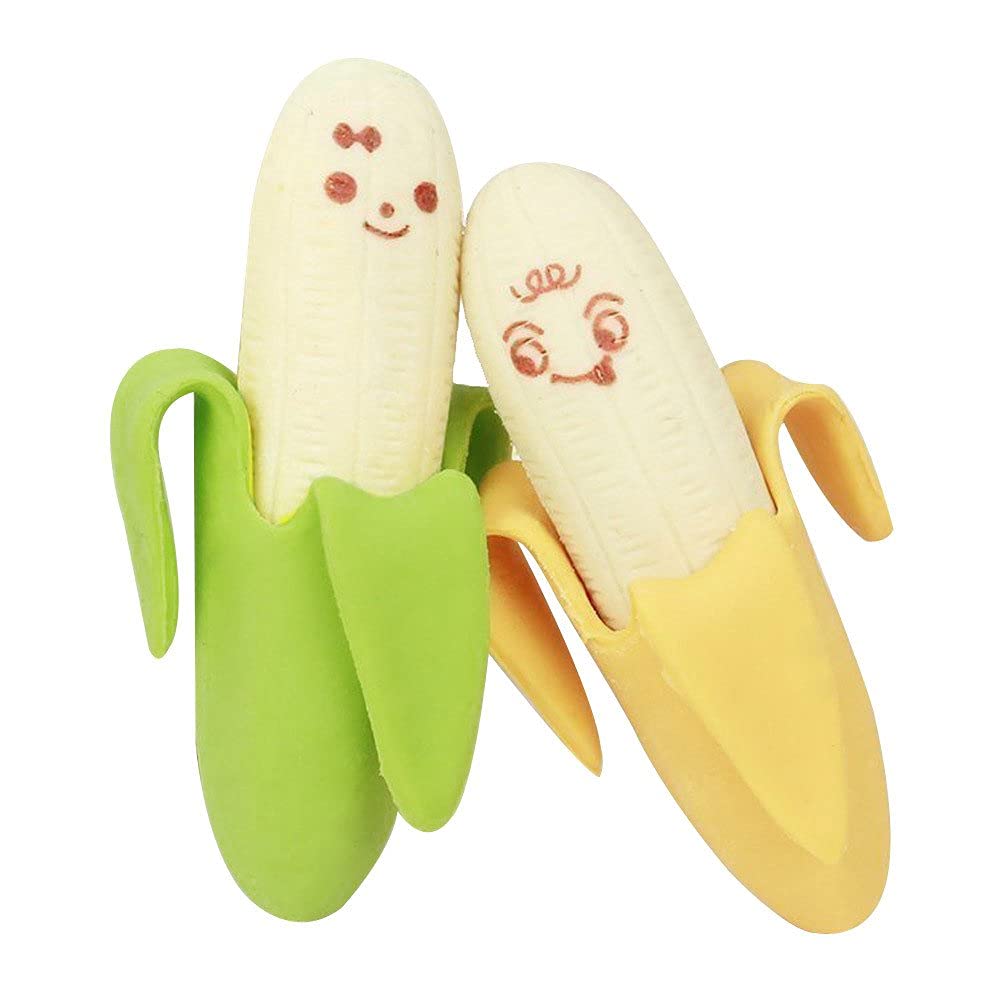 FDASLJ 2Pcs/Set Kawaii Banana Fruit Eraser, Mini Novelty Fruit Rubber Non-Toxic Colored Pencil Eraser Set Student Office Stationery School Supplies Children Gifts Fun Games Prizes Gift Toy