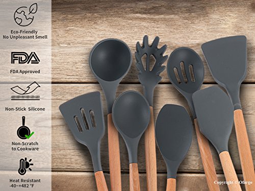 Ofargo Silicone Kitchen Utensil Set of 8 Pieces with Natural Wood Handle for Cooking, Non-Stick, Gray