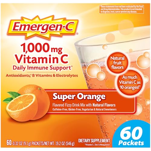 EMERGEN-C 1000MG VITAMIN C POWDER FOR DAILY IMMUNE SUPPORT CAFFEINE FREE VITAMIN C SUPPLEMENTS WITH ZINC AND MANGANESE, B VITAMINS AND ELECTROLYTES, SUPER ORANGE FLAVOR – 60 COUNT/2 MONTH SUPPLY