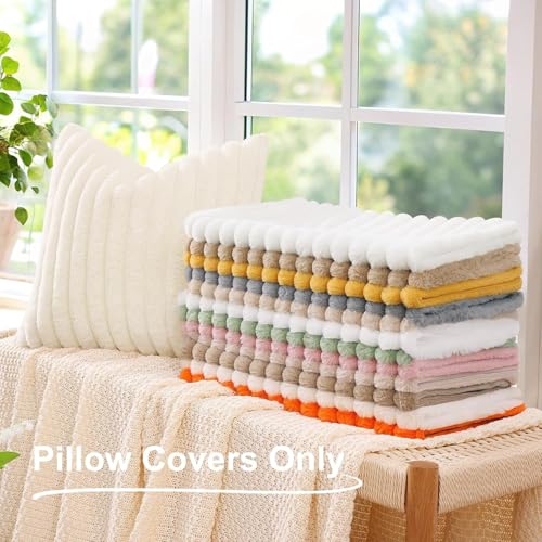 decorUhome Faux Fur Cushion Covers 45x45 cm Set of 2, Decorative Soft Plush Striped Neutral Pillow case 18X18 Inch with Velvet Back for Sofa, Bed, Living Room Home Decor, Cream White