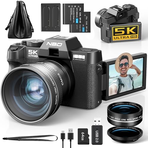 NBD 5K 64MP Digital Camera with Autofocus, 16x Digital Zoom, F1.8 Aperture, 3 Inch 180° IPS Screen, WiFi + Wide Angle/Macro Lens + 64GB Card + 2 Batteries (Deep Black)