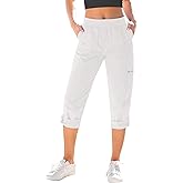 GRAPENT Capri Cargo Pants for Women High Waisted Pull On Elastic Waist Stretch Twill Fold Hem Capris Pants with Pockets