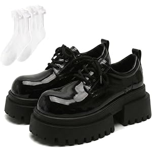 Women's Round Toe Platform Oxfords Chunky Lace Up Shiny Faux Leather Shoes Vintage British Style Rubber Sole Non-Slip Dress S