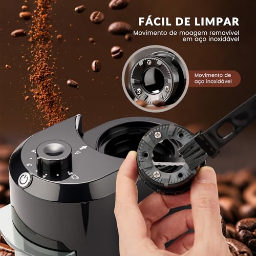 Moedor de Café Elétrico Burr 220V, Com 28 Configurações Ajustáveis, Triturador de Cafe, 2 A 12 Xícaras, Preto