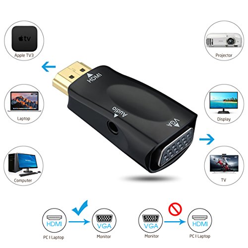 HDMI to VGA, Splaks Tiny Portable HDMI TO VGA with Audio Adapter Male to Female with 3.5mm Audio Output for PC Laptop Power-Free, Raspberry Pi Laptop ,Projector,HDTV,PS3,Xbox STB Blu-ray DVD