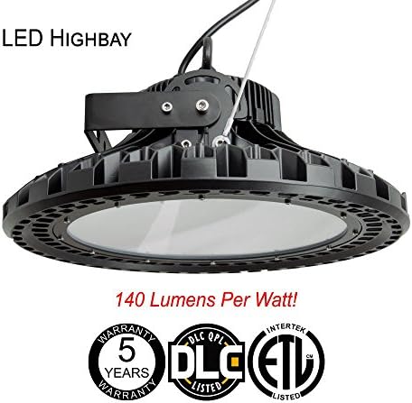 DLC Premium dimmable 100w 14000 lumen LED high bay light ETL Certified 100-277V 5000k IP65 rated L70 50000 hr life 5 yr warranty. Excellent heat management. Comes with removable 6ft cord and plug.