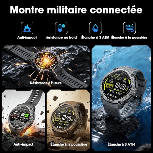 Men's Military GPS Smart Watch, 1.43 Inch AMOLED HD Smartwatch with Bluetooth Call, LED Light, Compass, 100+ Sports Modes, Heart Rate, Sports Watch for Android iOS (Black)
