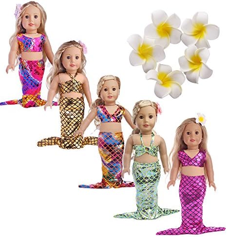 Luckdoll Doll Clothes Princess Mermaid Tail 2pcs Outfits + 2pcs Flower Hairpins for 18 Inch American Girl Dolls