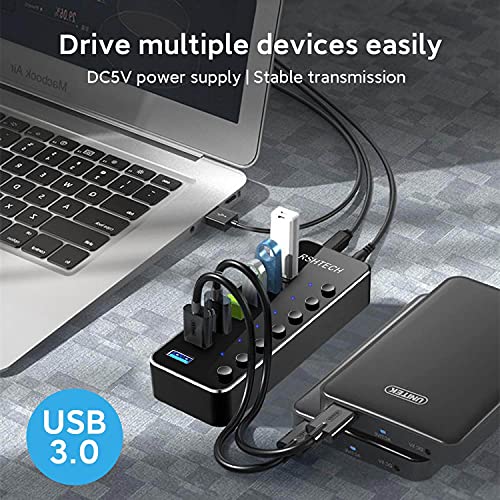 RSHTECH USB Hub Powered 7 Port USB 3.0 Data Hub Aluminum USB Extension Splitter with Individual On/Off Switch Universal AC to DC 5V Power Adapter (RSH-518) - Image 4