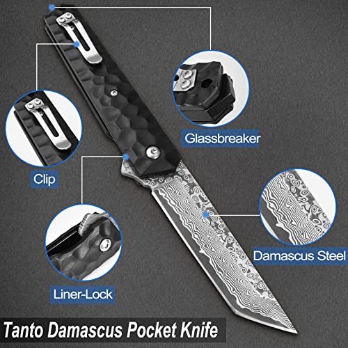 AUBEY Camping Tanto Folding Pocket Knife, EDC Damascus Blade Knives With Aluminum Alloy NonSlip