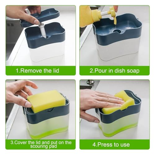 SKY-TOUCH 2 In 1 Sponge Rack Shelf Soap Detergent Dispenser Pump, Large Capacity With Sponge, 1 Hand Operation