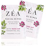 ZEA Alcohol and Paraben Free Facial Wipes Infused with Rose Hip Essential Oil, 100 Count