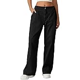 QINSEN Womens Zip Front Wide Leg Long Pants High Waist Causal Cargo Pants Cotton Pocket Palazzo Pants