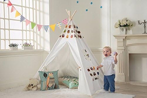 Children's Canvas Teepee Playhouse Tent - 100% Cotton - New Zealand Pine Wood Pole Imported (White Owl)