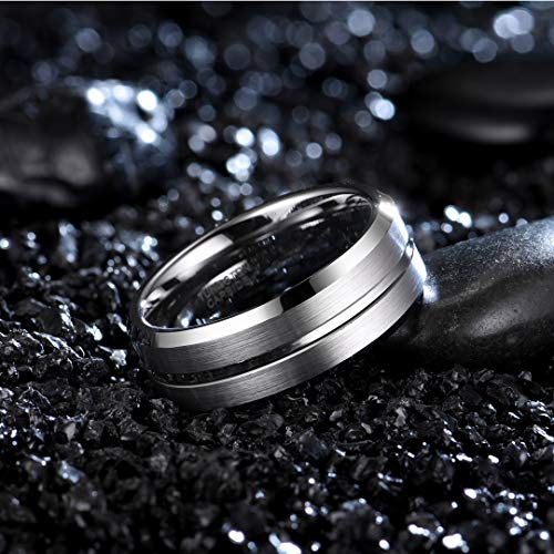 Zoesky 8mm Mens Tungsten Ring Wedding Band Polished Brushed Finish Grooved Center Comfort Fit Silver