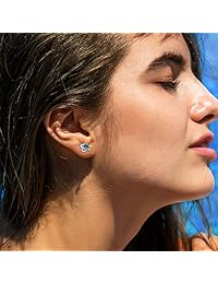 Pendientes de plata de ley 925 bañados en oro blanco con cristales azules para niñas, diseño de corazón