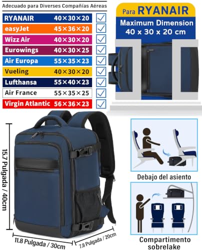 KLOSTAIN Mochila 40x30x20 Viaje Cabina Avión Equipaje de Mano 24L para Ryanair EasyJet Eurowings, Capacidad para Portátil 15,6 Pulgadas, Hombre Mujer,Azul Oscuro