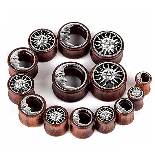 00g 10mm Tribal Sun & Moon Organic Wood Flesh Tunnel Double Flared Ear Gauge Stretcher Saddle Plug