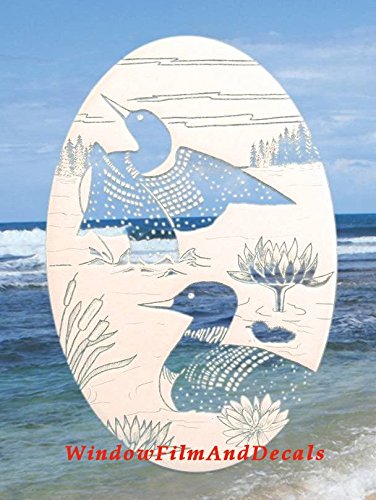 Loon Scene Oval Etched Window Decal Vinyl Glass Cling - 10.5" x 16" - White with Clear Design Elements