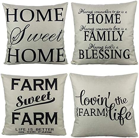 All Smiles Farmhouse Throw Pillow Covers Cases Decorative Farm Love Sign Family Quote Words Home Décor Burlap Cushion Linen 18" x 18" Set of 4 for Sofa Couch