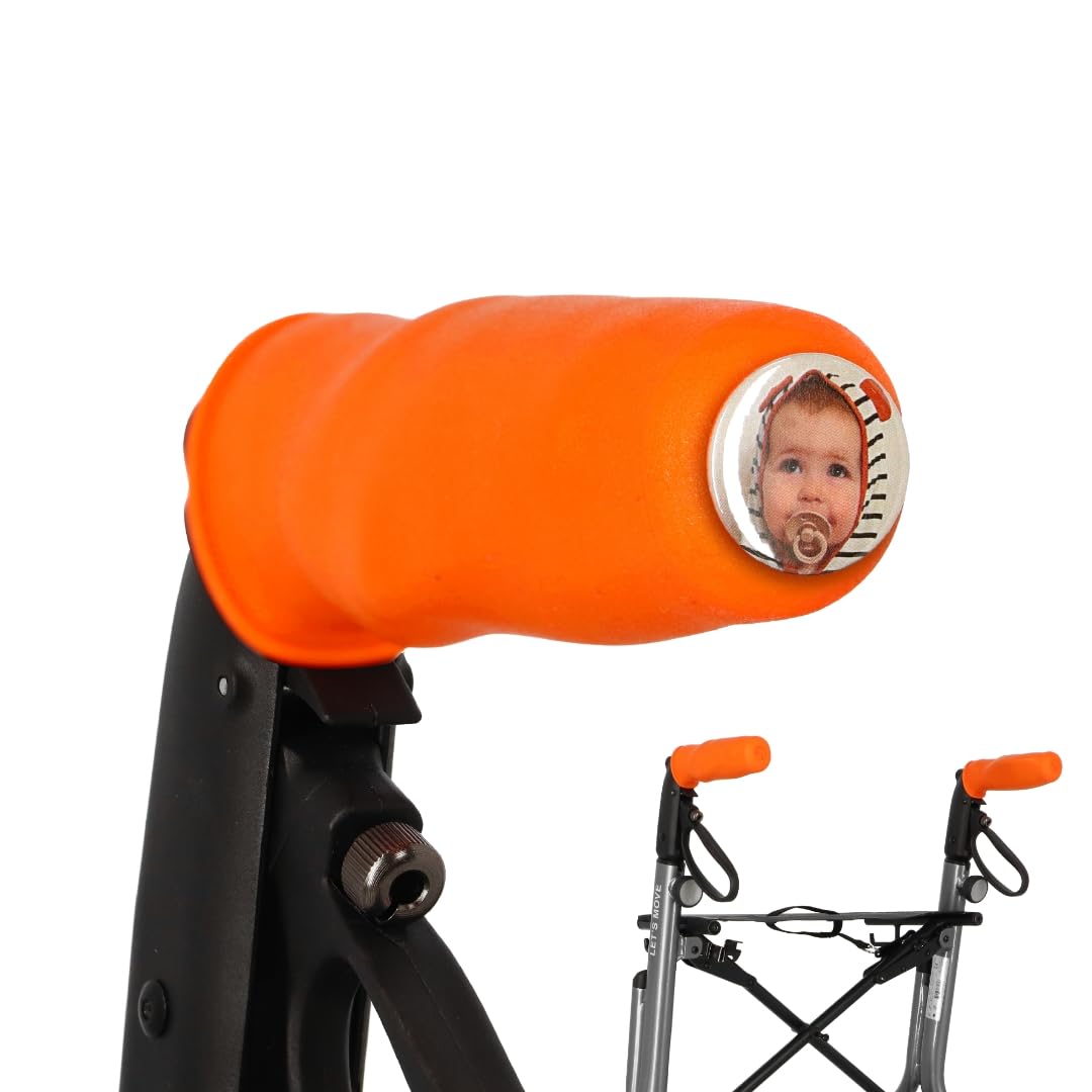 MyRollerSleeve ergonomic/anatomic handles for walker/rollator and wheelchair. Prevents painful hands with gel cushion. Customizable button with picture. Orange