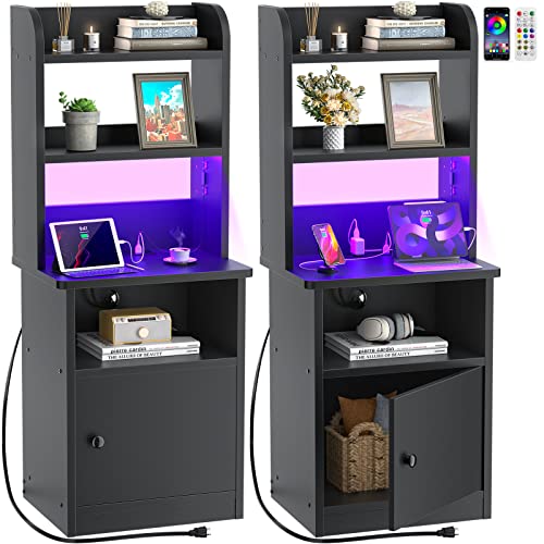 Photo 1 of Black Nightstands Set of 2 with Charging Station & LED Lights - 47" Tall Bedside Table with Adjustable Shelf, Industrial End Table with Storage Cabinet for Bedroom Home Office, Black