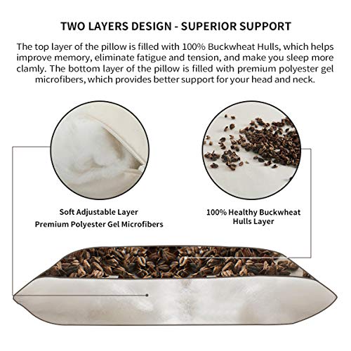 Lofe Buckwheat Hull Pillow for Sleeping with Organic Cotton Cover, Adjustable Loft of Premium Fiber Layer, Japanese Size(14x20), Breathable for Cool Sleep, Cervical Support for Back and Side Sleepers - Thumbnail 5
