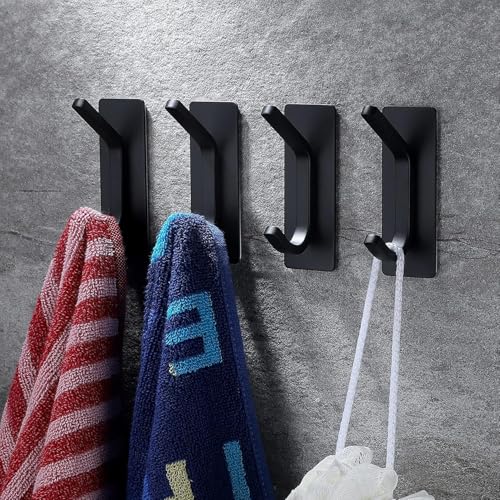 AMROAH 4pcs Stainless Steel Adhesive Hooks Wall Mounted, Heavy Duty Storage Wall Mount Hooks for Hanging Coat Clothes Towels Hat Bags for Home Entryway Bathroom Bedroom Kitchen Living Room (Black)