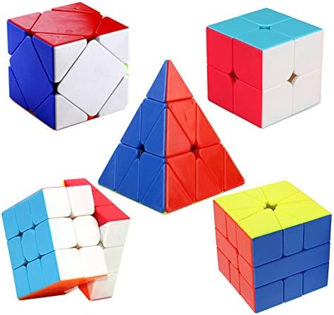 HJXD global Magic Cube Set of 5 Pack Include SQ 1+Skewb+Pyraminx+2x2x2+3x3x3 Stickerless Speed Puzzle Cube True Color