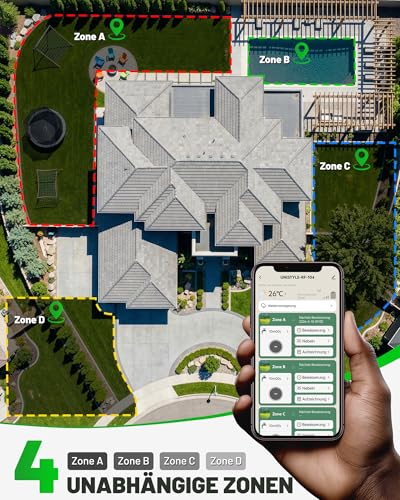 Unistyle Irrigation Computer WLAN 4 Outputs | New Edition 2026 - App Control, 5 Watering Plans, Precise Control, Alexa Voice Control, Automatic Watering for Garden & Plants