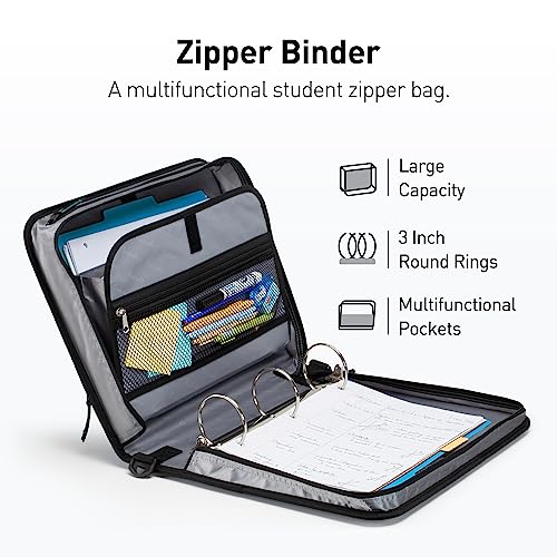 Kinbashi 3 Ring Binder, 3 Inch ORing Zipper Binder with Shoulder Strap