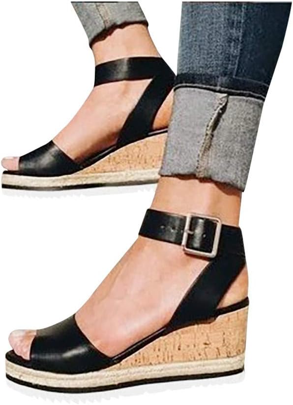 sweetnice Women Shoes Women's Wedge-High Sandals Strappy Open Toe Espadrille Ankle Strap Buckle Shoes