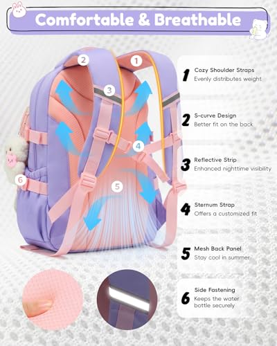 Tanou Girls' School Backpacks, 20 Litres Backpack for Girls from 8 to 12 Years | Lightweight and Waterproof Nylon Kawaii School Backpack with Pendant, Purple