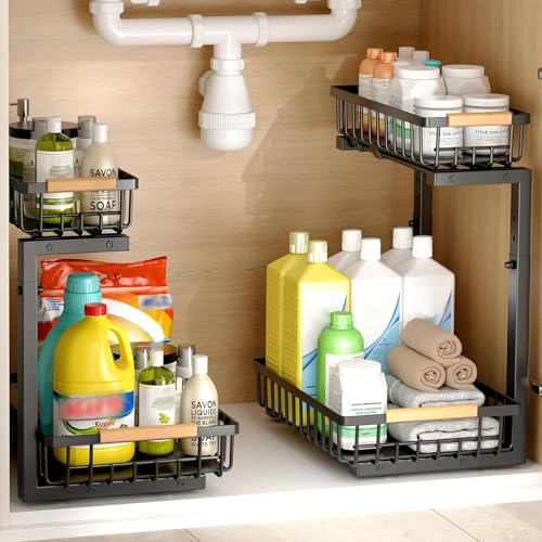 Under Sink Organizer, Height Adjustable kitchen organizers and Storage, Space Saver 2 Tier Pull Out Drawer Cabinet Shelf Storage Rack for Kitchen Bathroom organizer, 1 Pack
