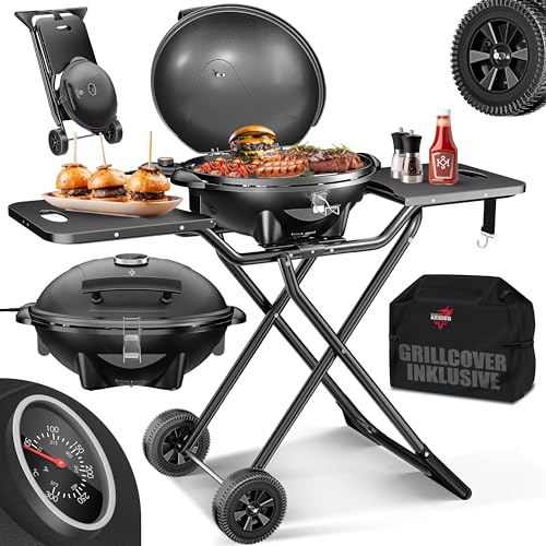 KESSER® elektrischer Elektrogrill 2in1 Tischgrill & Standgrill mit Deckel & Standfuß, 2400 Watt, Thermostat, Antihaftbeschichtung, Abstelltische + Abd