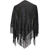 La Senorita Spanish Flamenco Dance Shawl black with black flowers