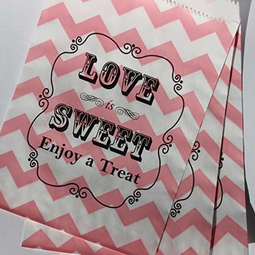Bakers Bling Wedding Party Favor Bags with Stickers, Pink and White Chevron Stripe Love is Sweet Enjoy a Treat Candy Bags, 5.5 x 7.5, Set of 48 Bags and 48 Stickers